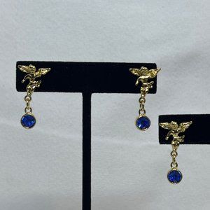 Gold Tone Cherub Pierced Earrings With Blue Rhinestone And Matching Pin Set